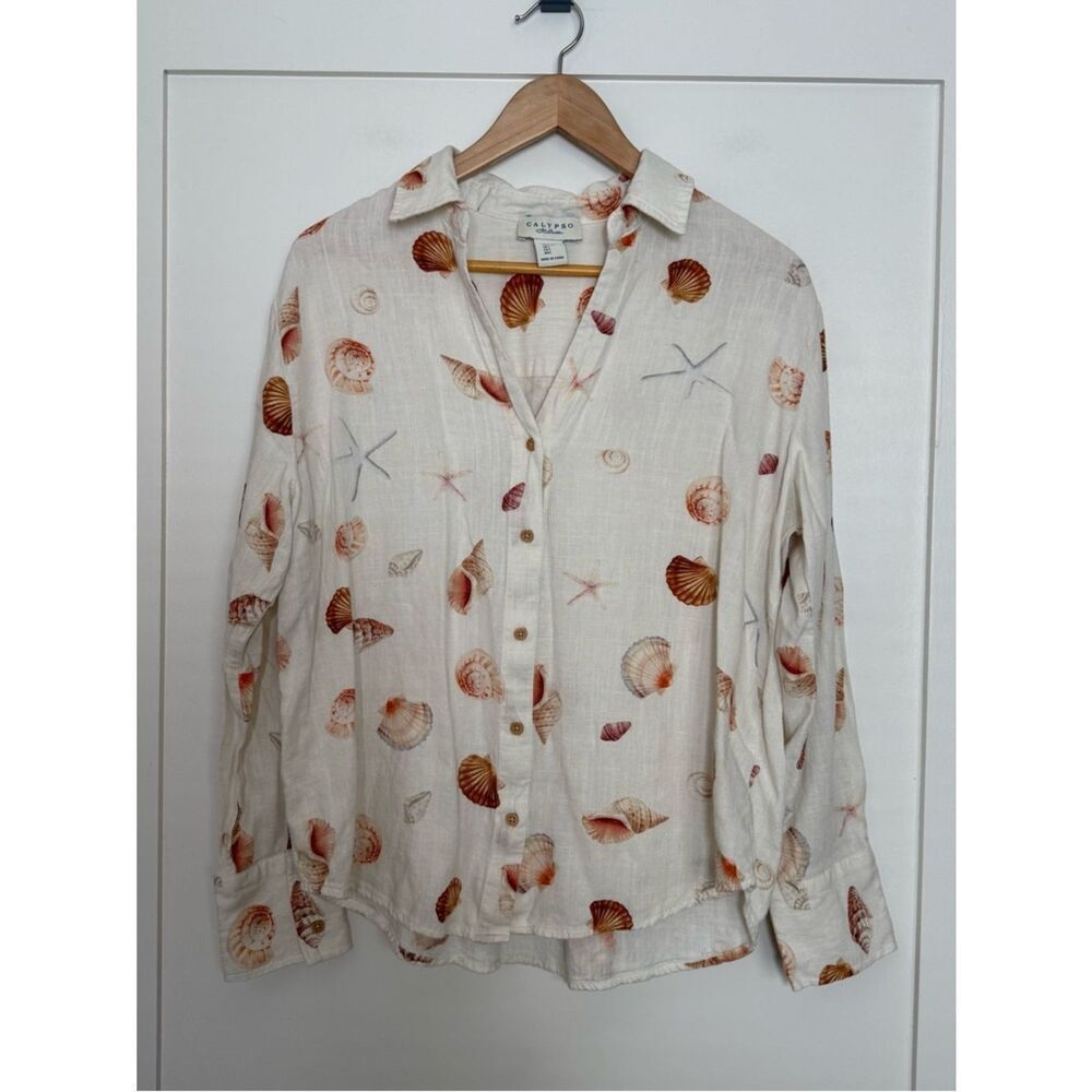 Calypso St Barth Shirt Women Sz L Beige Seashells Print Linen Blend Beach Resort